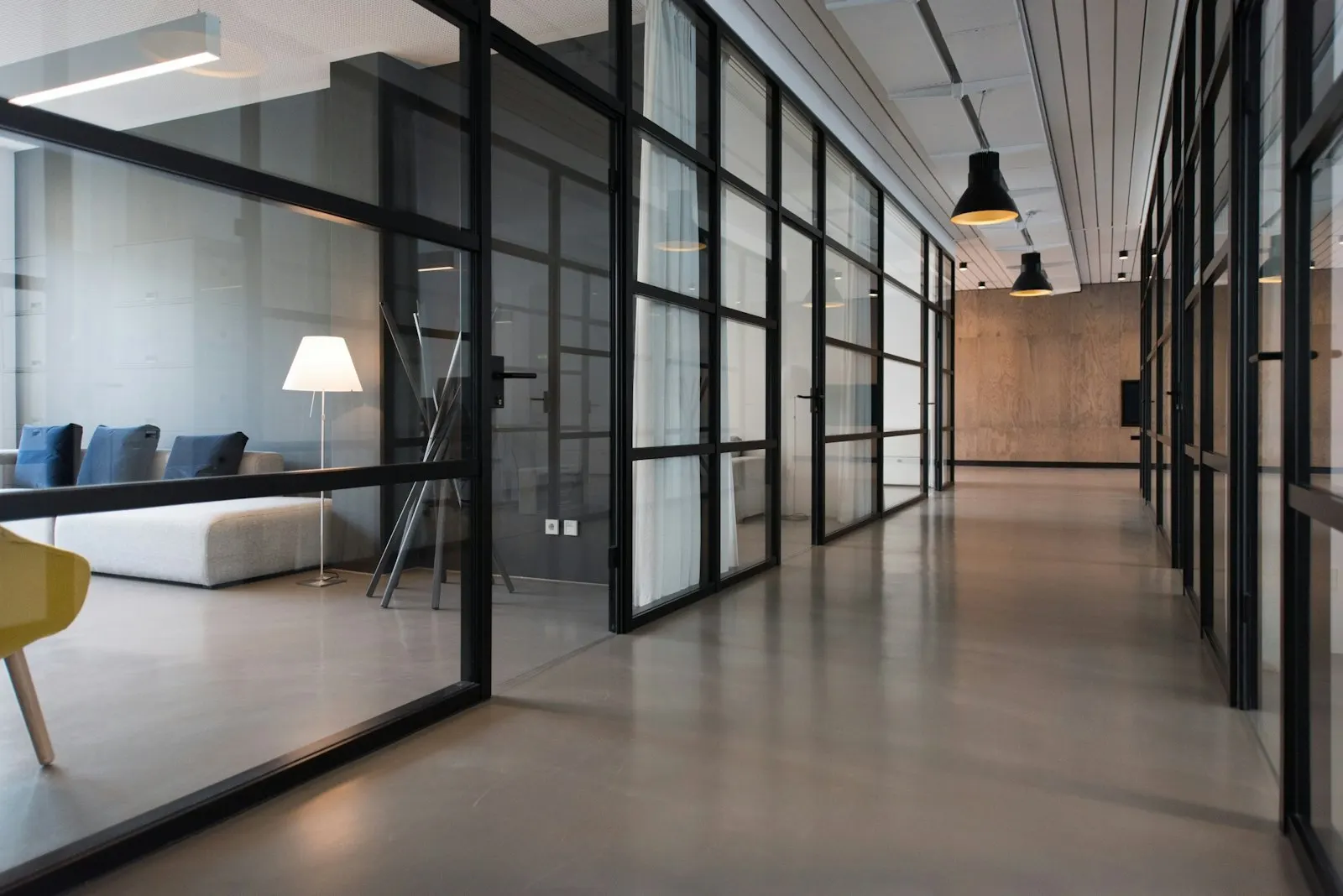Glass-partition workspace with warm wood desks and acoustic ceiling panels